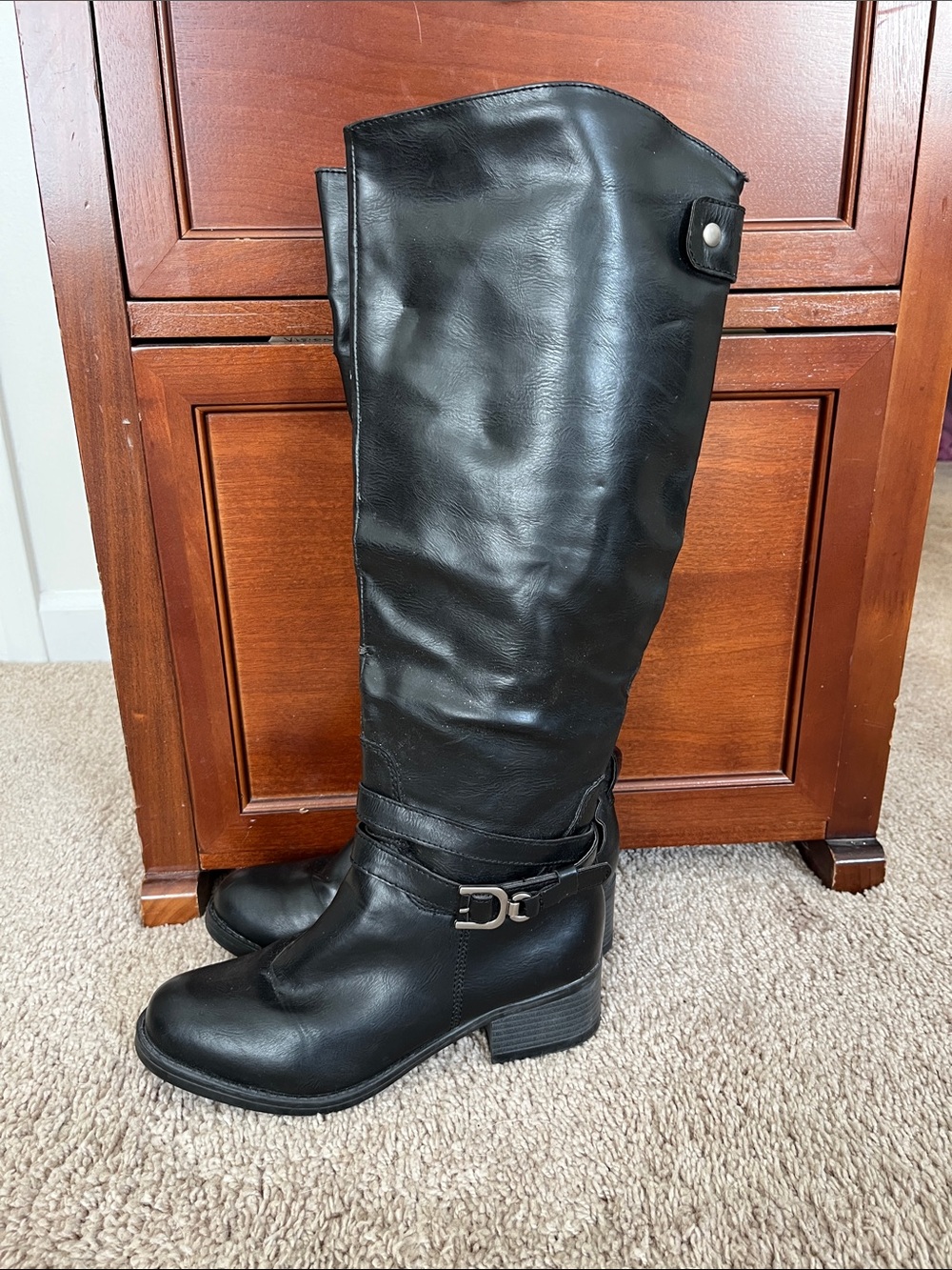 Black Tall Heeled Riding Boots with Buckle Detail